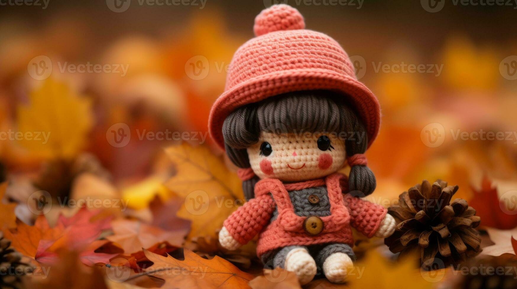a little girl wearing a knitted hat sits on the ground surrounded by autumn leaves generative ai photo