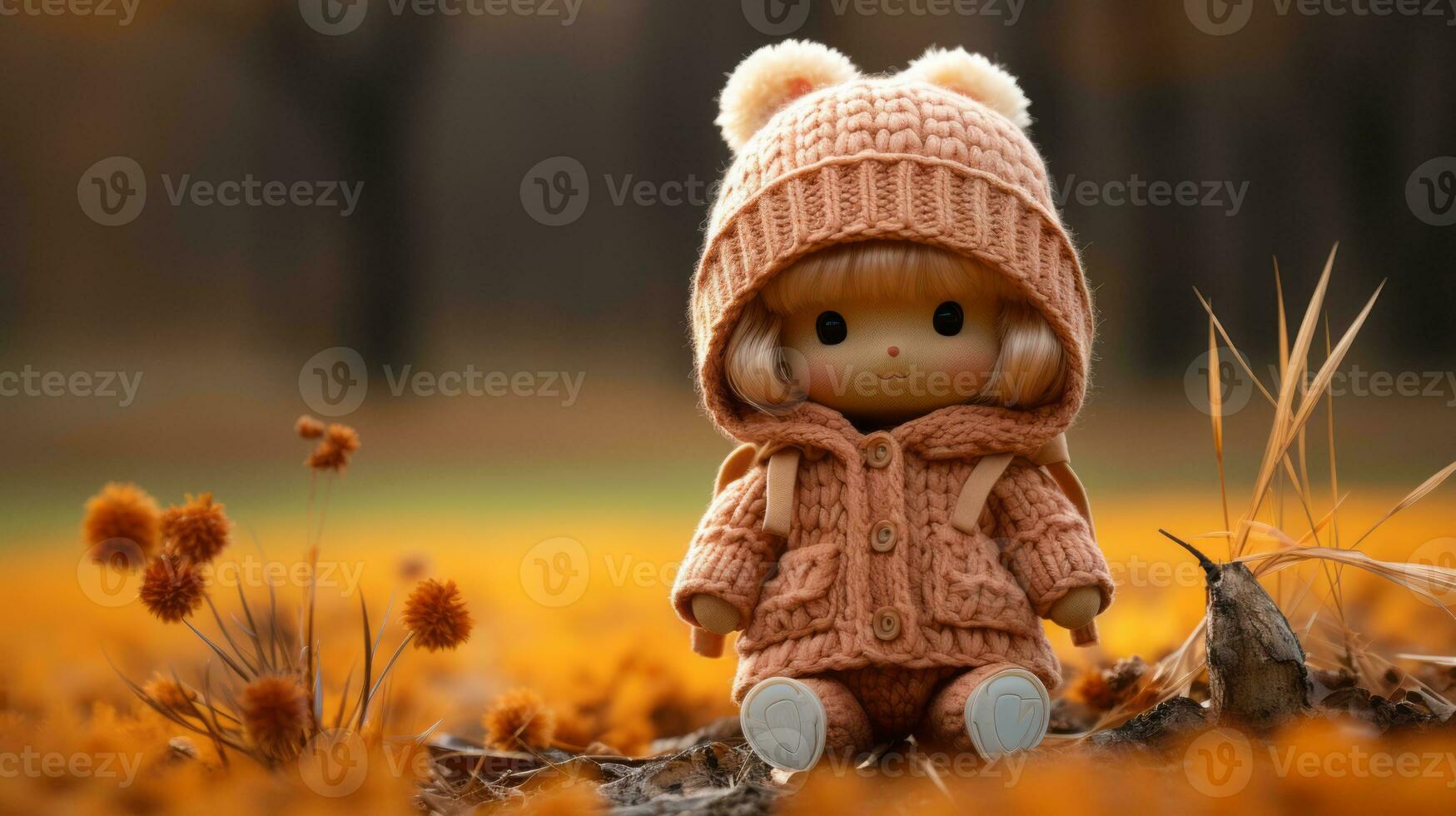 a little girl wearing a pink sweater and hat sitting in the middle of a field generative ai photo