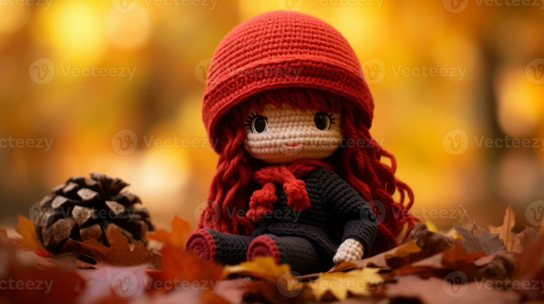 a little girl wearing a red hat sits on the ground surrounded by fallen leaves generative ai photo
