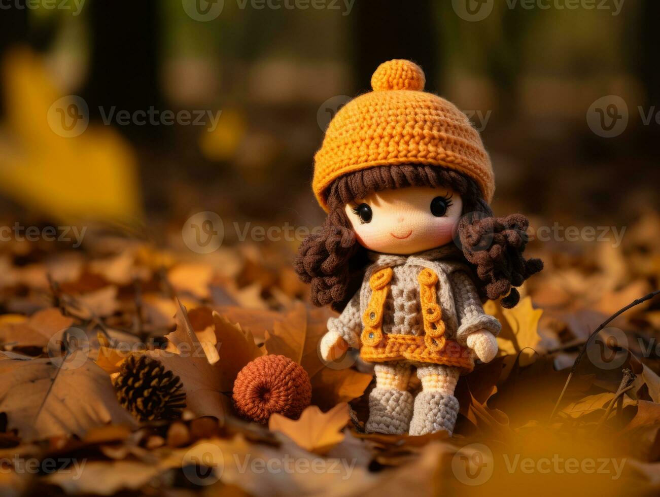 a little girl wearing an orange sweater and hat sits on the ground surrounded by fallen leaves generative ai photo