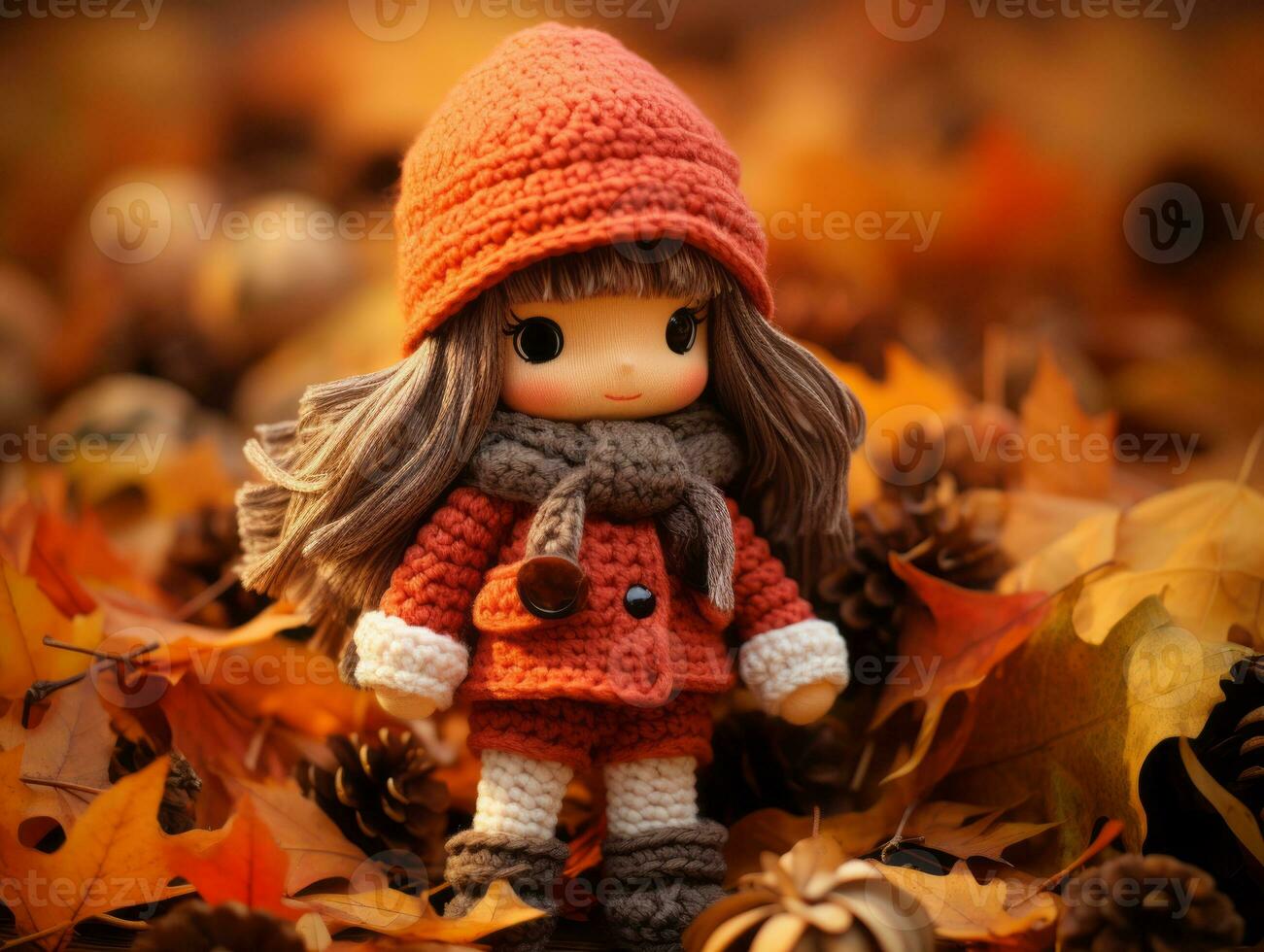 a little girl wearing an orange sweater and hat stands in front of a pile of autumn leaves generative ai photo