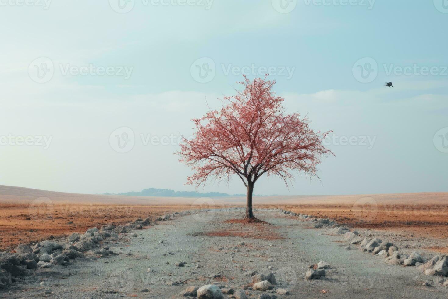 a lone tree in the middle of an empty road generative ai photo