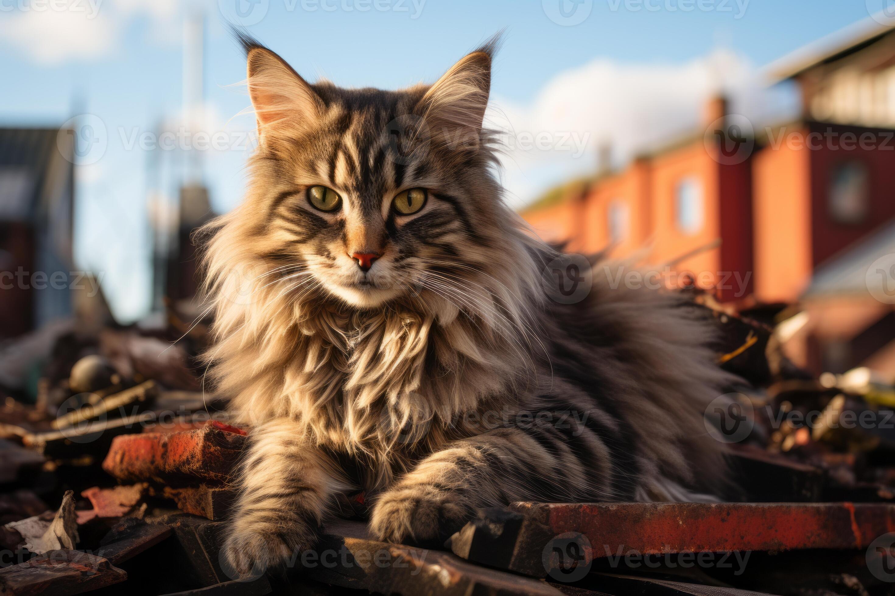 a long haired cat sitting on top of a pile of rubble generative ai