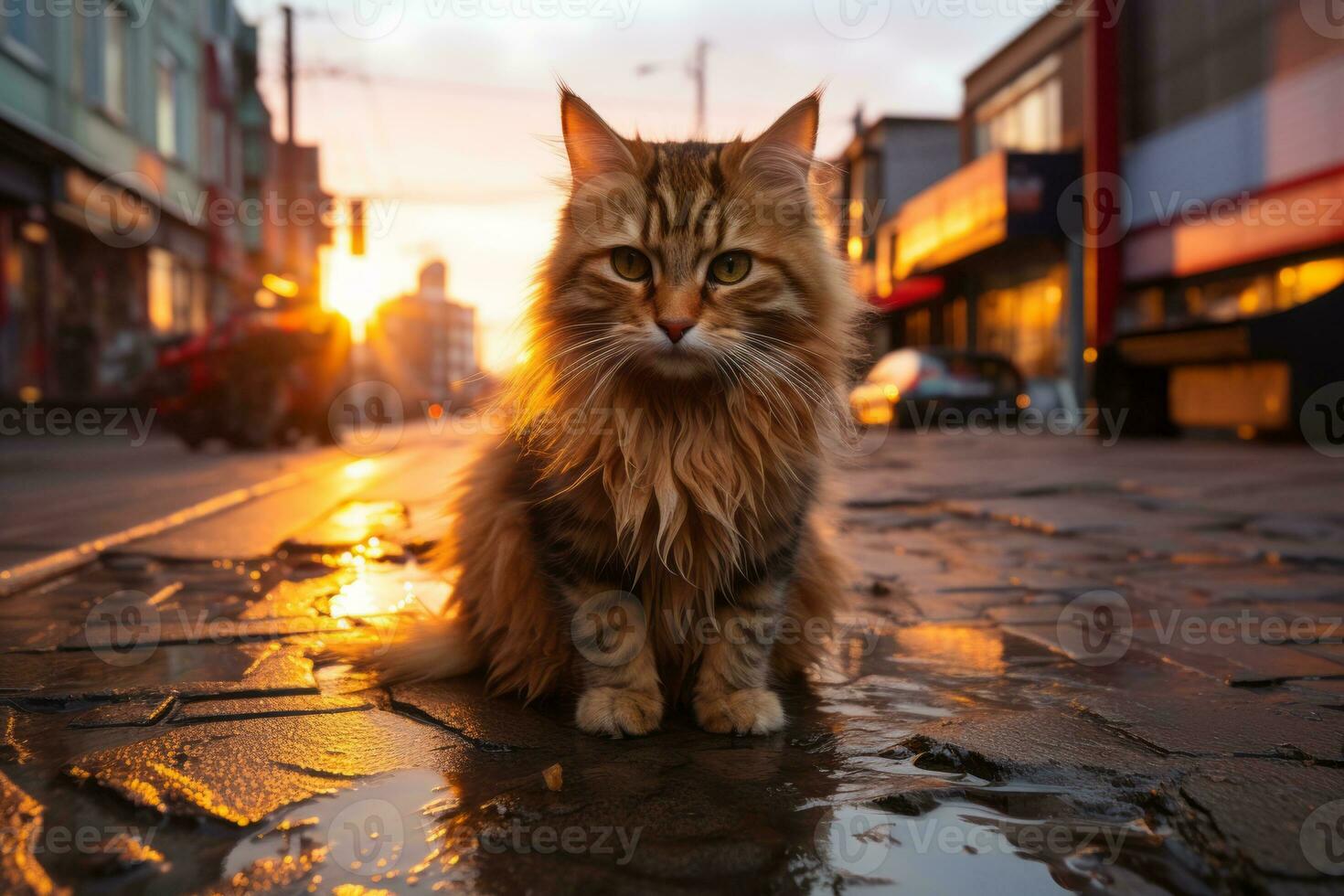 a long haired cat sitting on the street at sunset generative ai photo