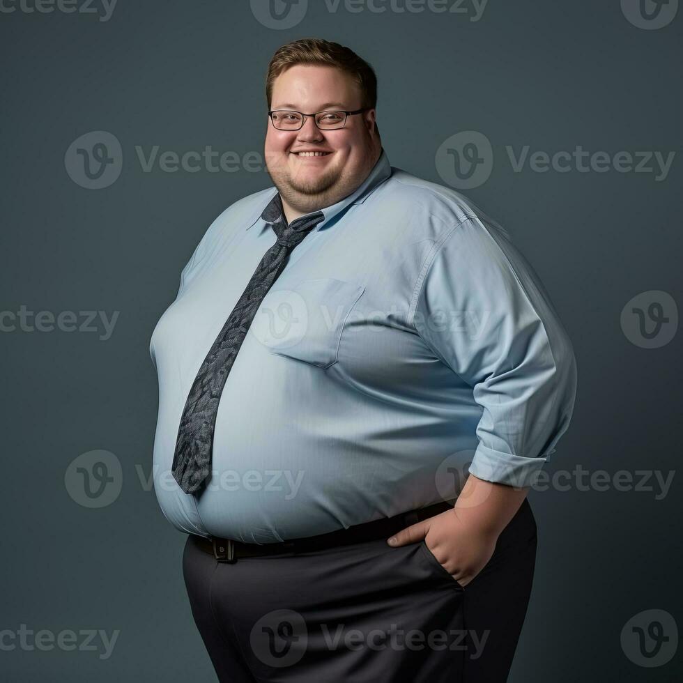 a man in a blue shirt and tie standing in front of a gray background generative ai photo