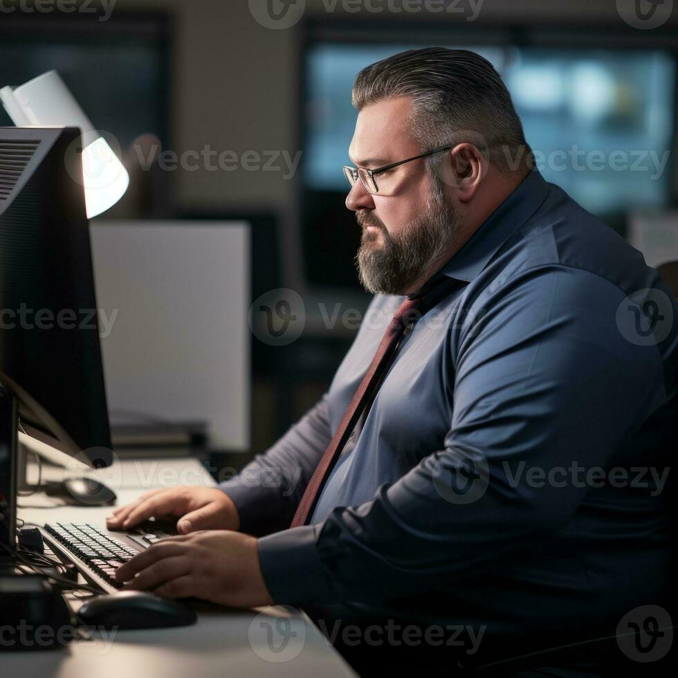 a man in a blue shirt and tie sitting at a desk using a computer generative ai photo