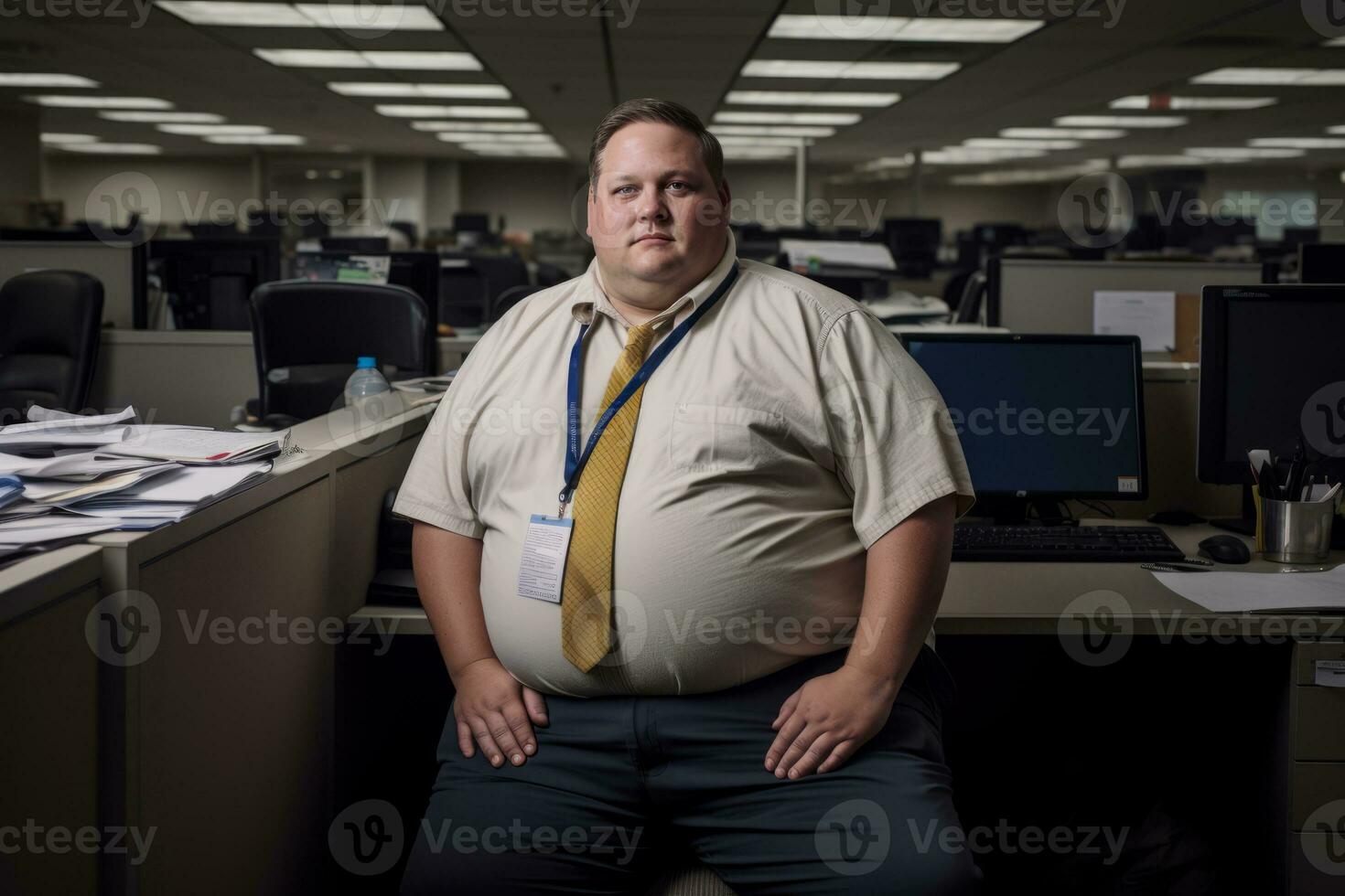 a man in a tie sitting at a desk in an office generative ai photo