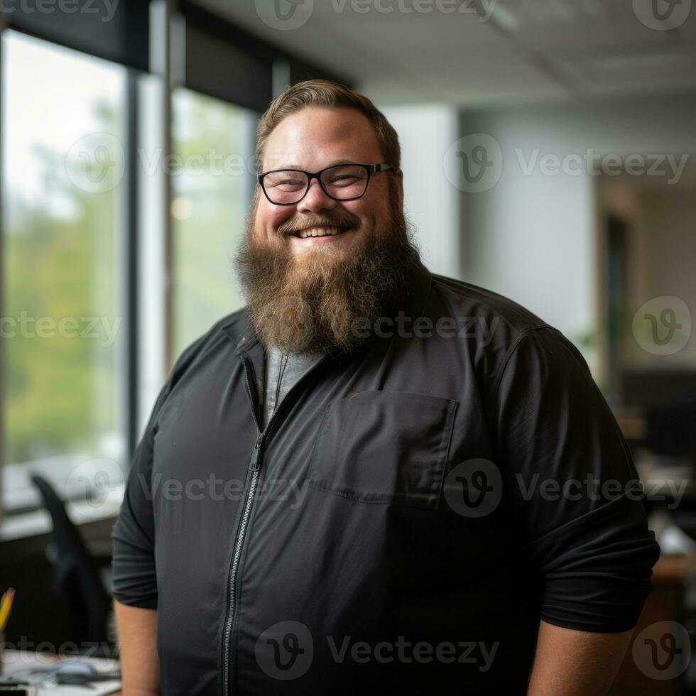a man with a beard and glasses standing in an office generative ai photo