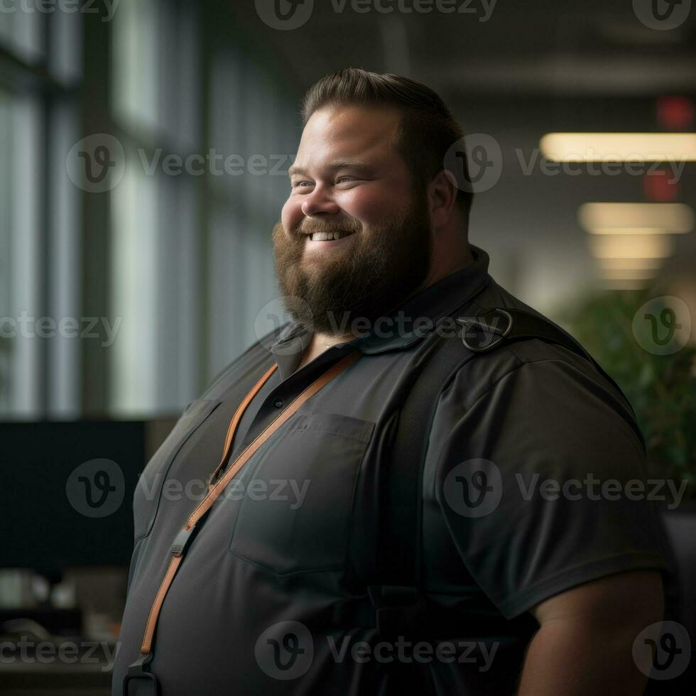 a man with a beard smiles while standing in an office generative ai photo