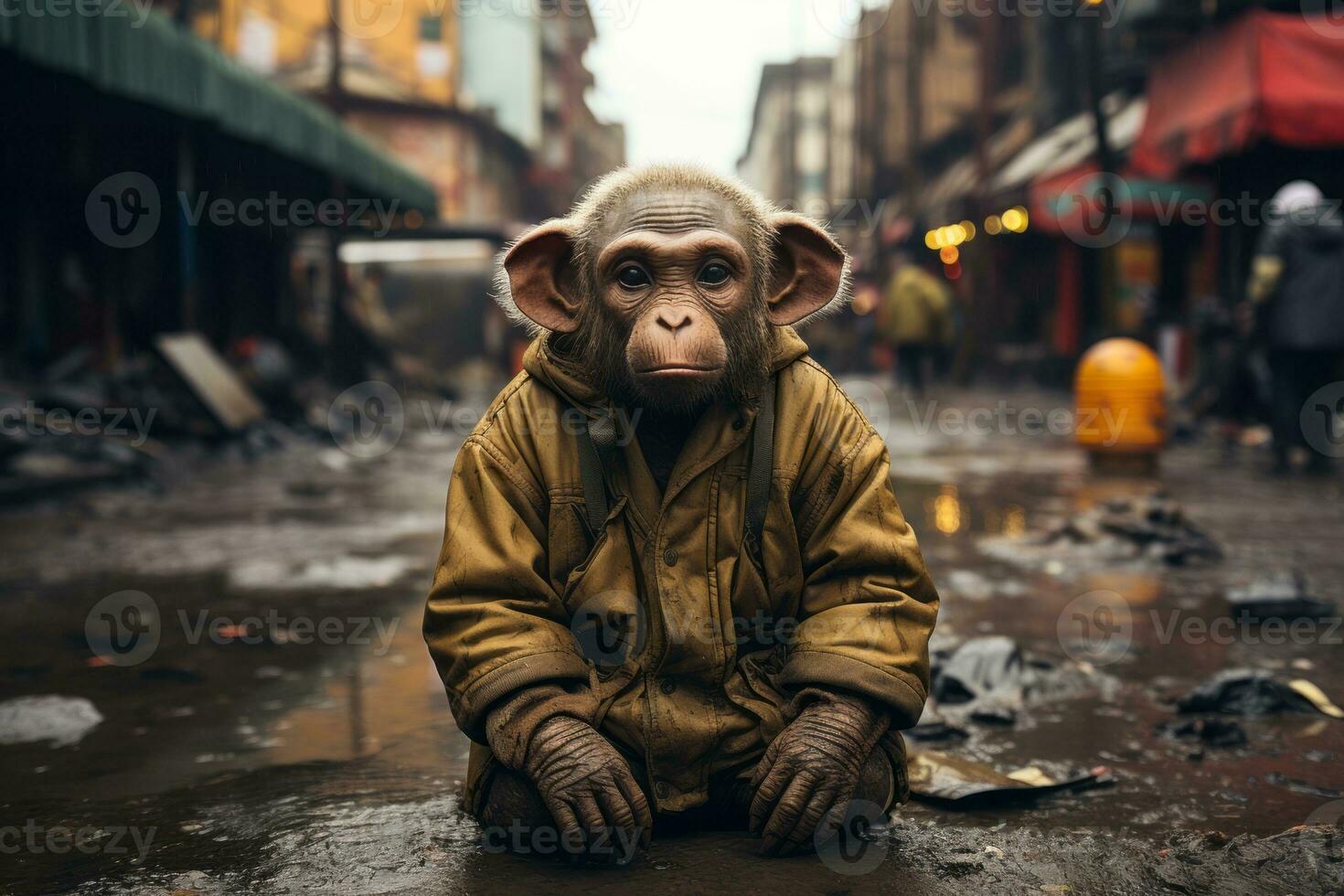 a monkey sitting in the middle of a city street generative ai photo
