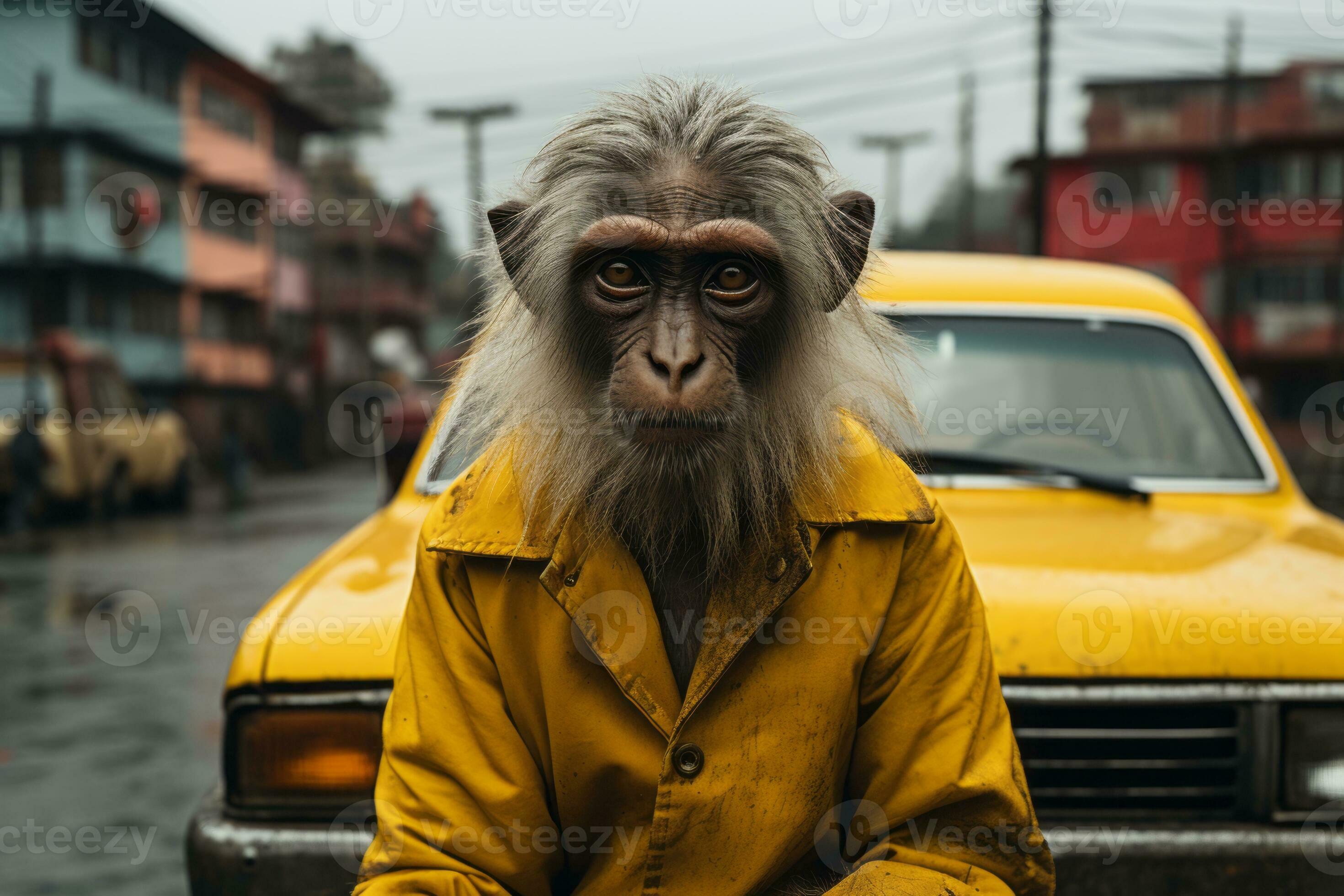 un mono vistiendo un amarillo chaqueta se sienta en frente de un amarillo  coche generativo ai 32091118 Foto de stock en Vecteezy