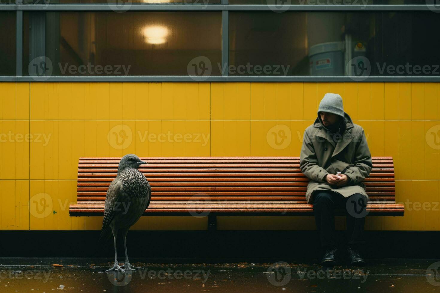 a person sitting on a bench next to a bird generative ai photo