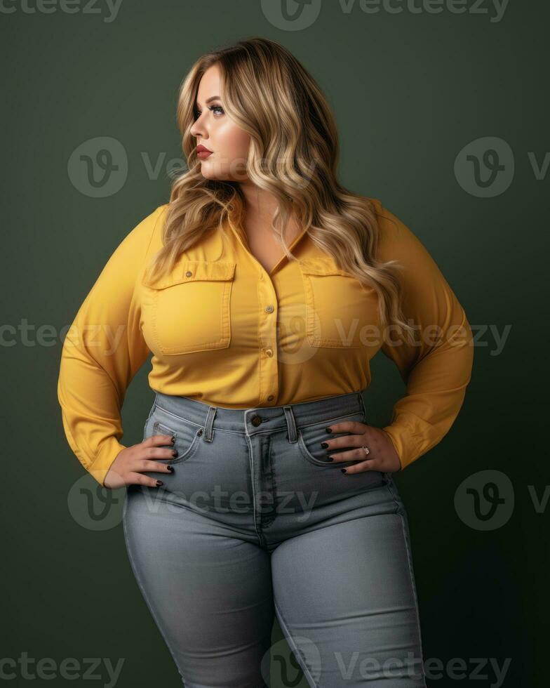 a plus size woman in a yellow shirt and jeans generative ai photo