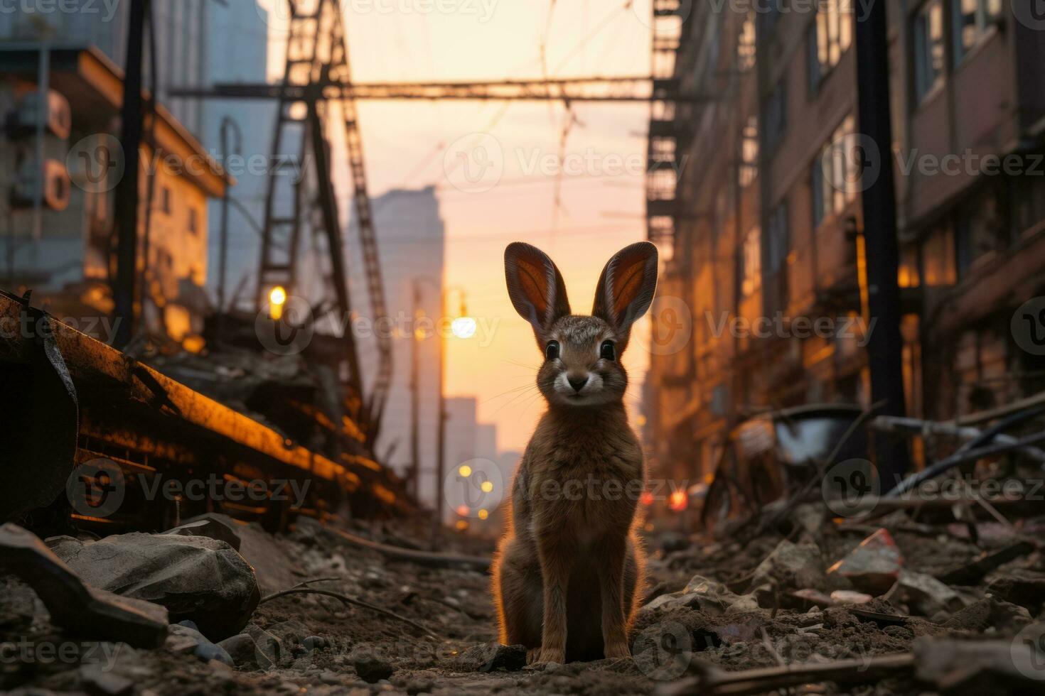 a rabbit is standing in the middle of a city street generative ai photo