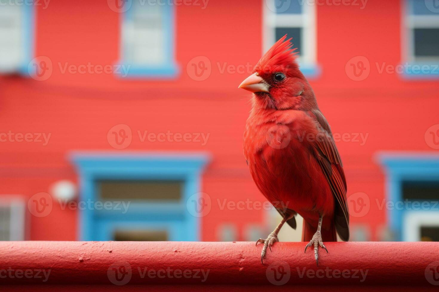 a red bird is sitting on a railing generative ai photo
