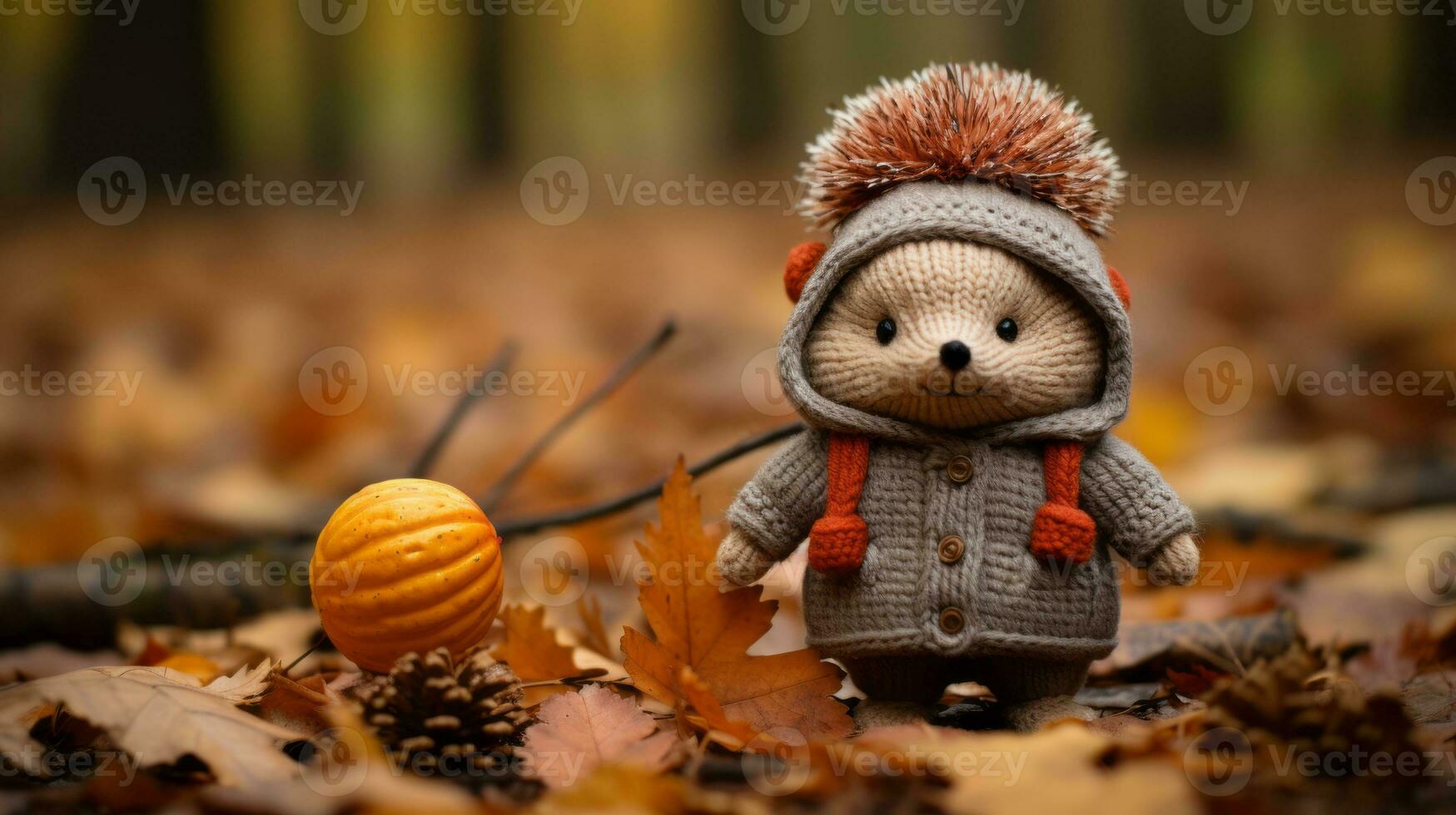 a small bear wearing a sweater and hat is standing in the middle of a pile of fallen leaves generative ai photo
