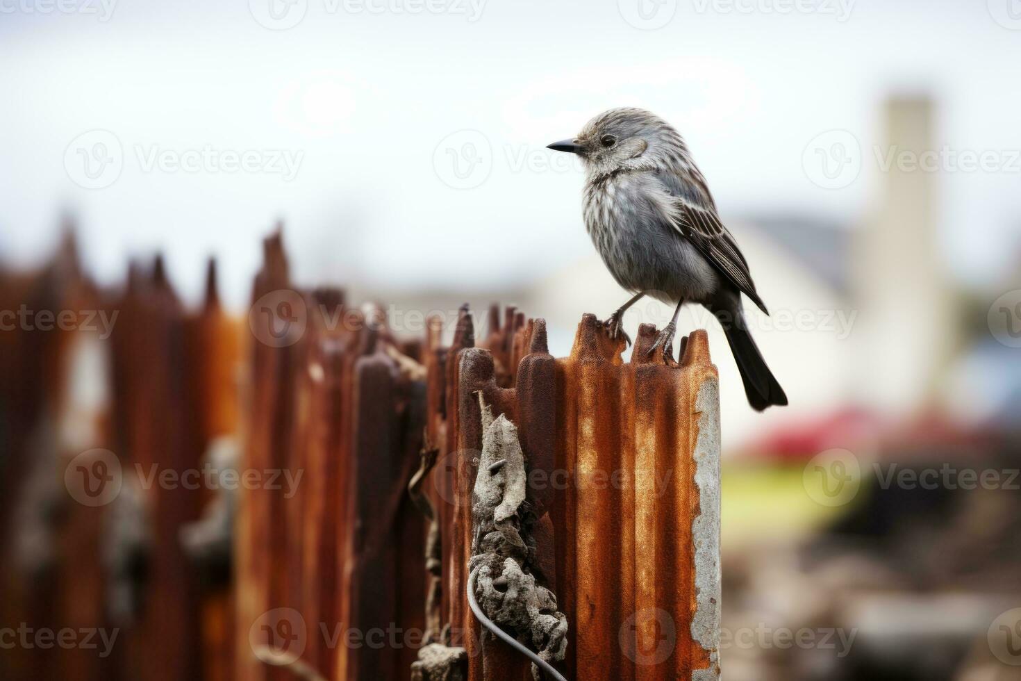 a small bird is perched on top of a rusty fence generative ai photo
