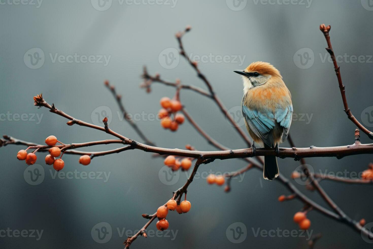 a small bird is sitting on a branch with berries generative ai photo