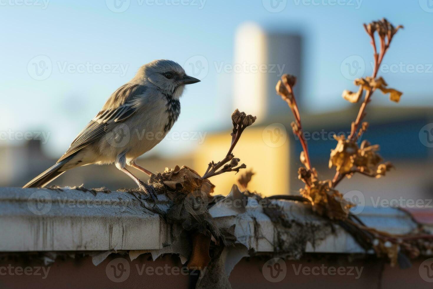 a small bird sitting on top of a building generative ai photo