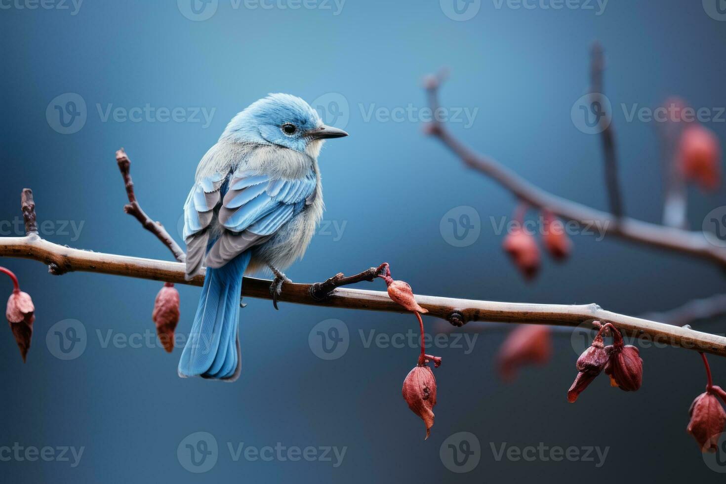 a small blue bird sits on a branch generative ai photo
