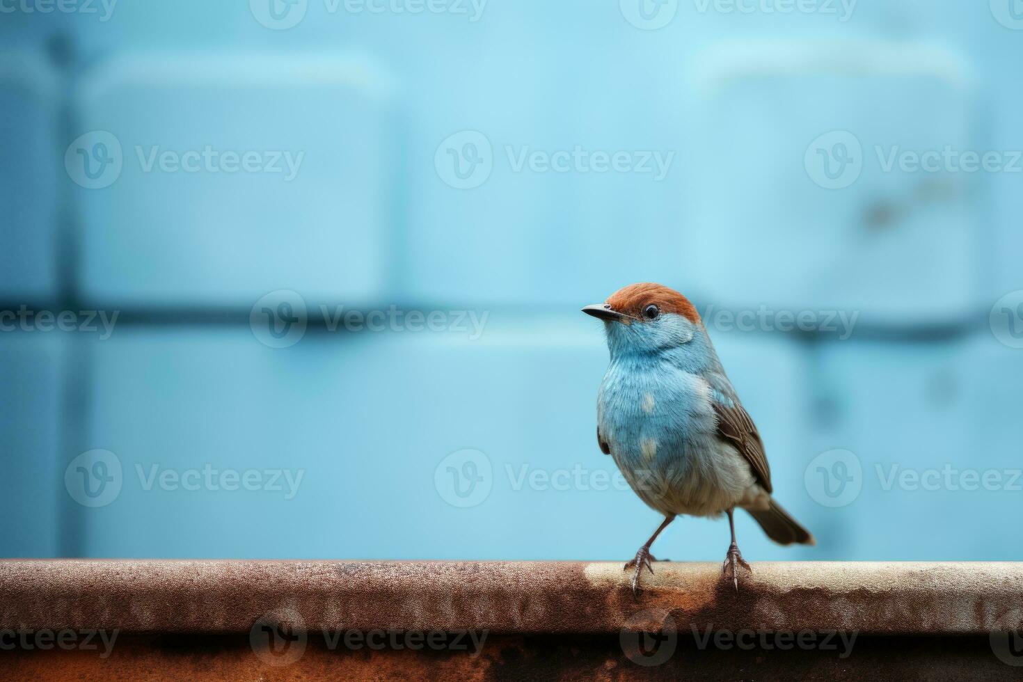 a small blue bird standing on a ledge generative ai photo