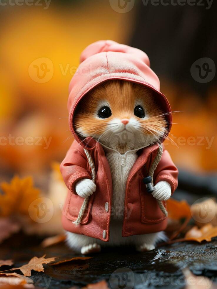 a small cat wearing a pink jacket on the ground generative ai photo