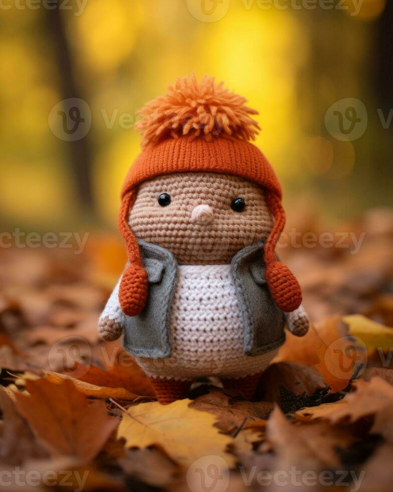 a small crocheted toy is sitting in the leaves generative ai photo