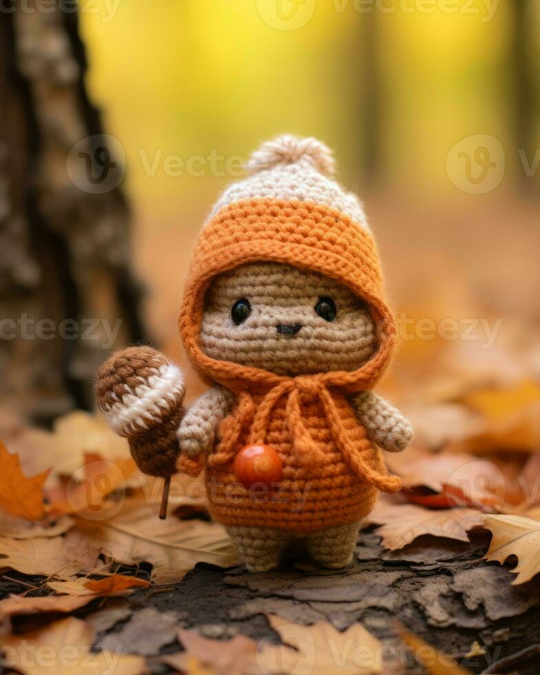 a small crocheted bear wearing an orange outfit and holding an acorn generative ai photo
