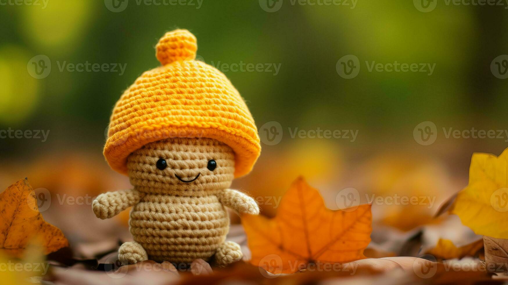 a small crocheted toy is sitting on the ground surrounded by autumn leaves generative ai photo