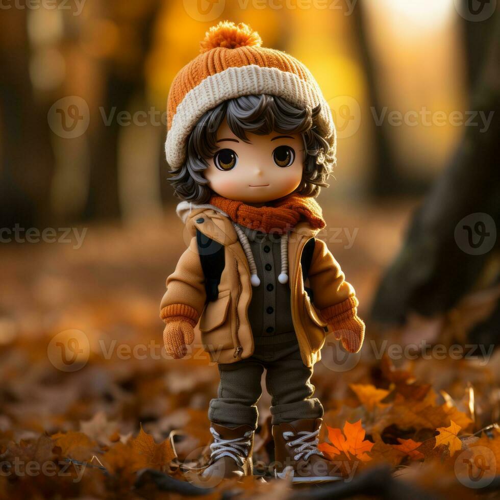 a small doll is standing in the middle of leaves generative ai photo