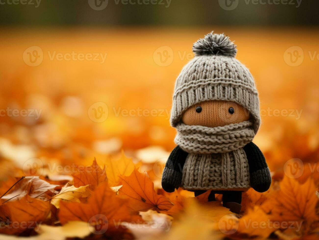 a small doll wearing a knitted hat and scarf standing in the middle of a field of autumn leaves generative ai photo
