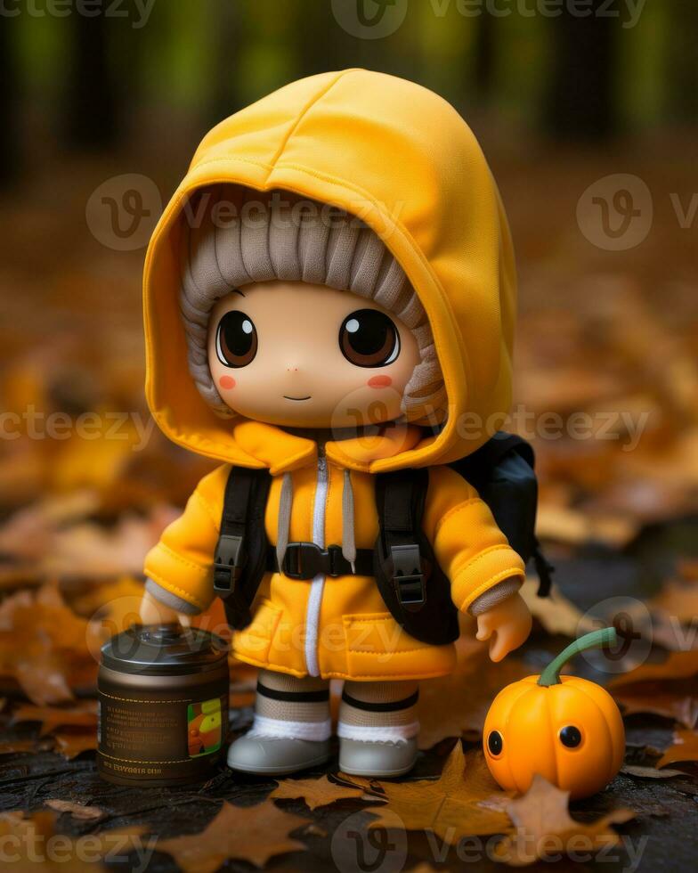 a small doll wearing a yellow jacket and holding a pumpkin generative ai photo