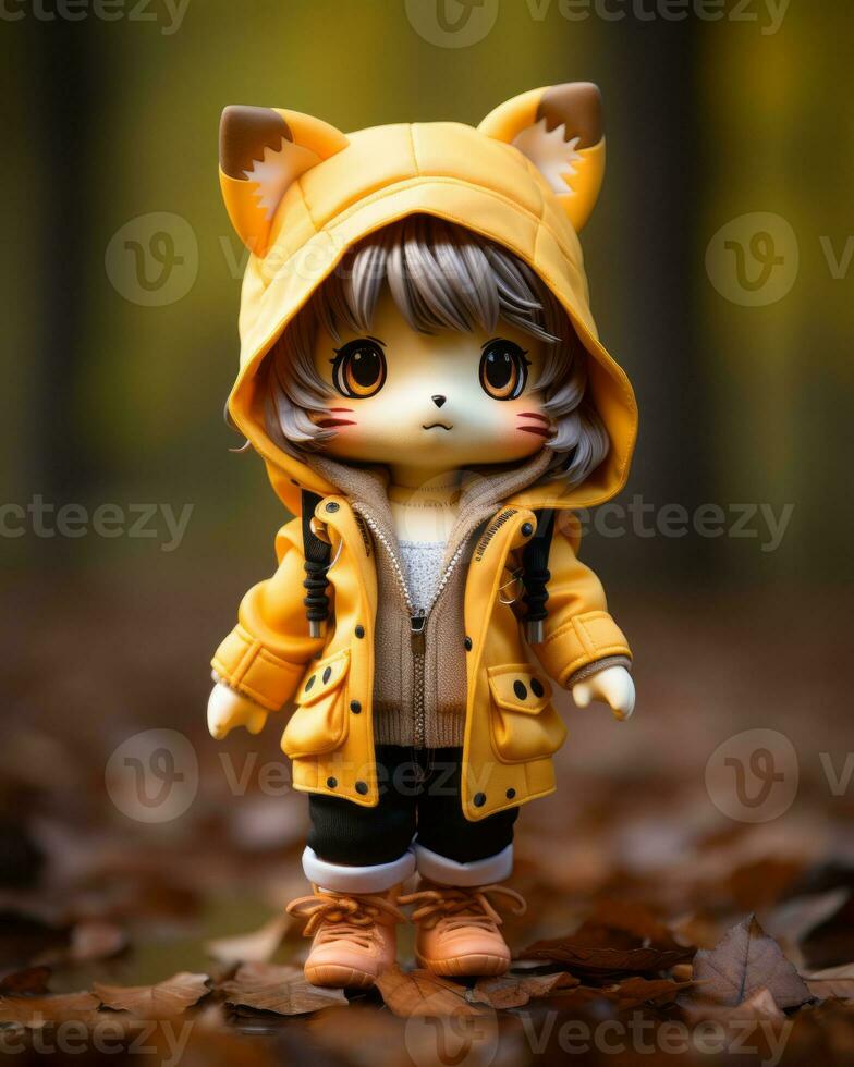 a small doll wearing a yellow jacket and boots on the ground generative ai photo