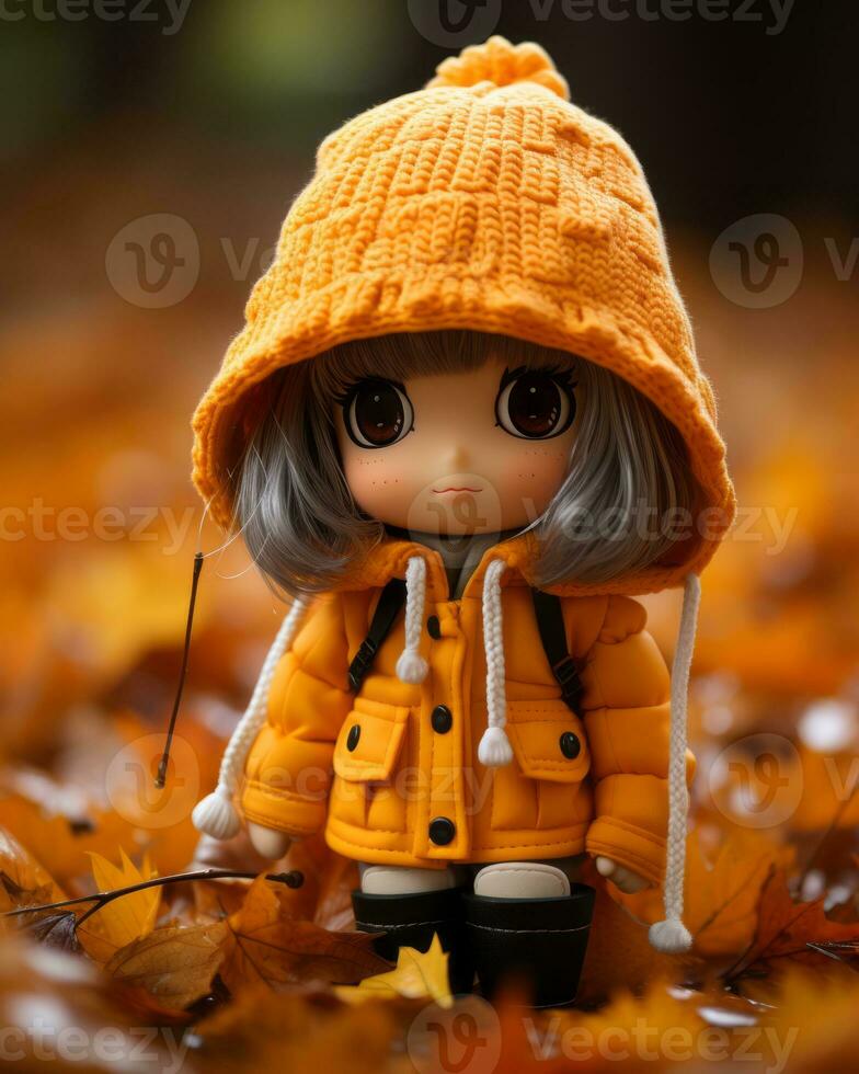 a small doll wearing an orange coat on the ground generative ai photo