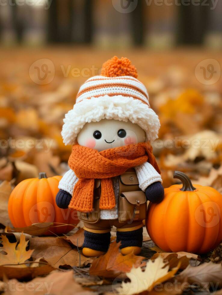 a small doll wearing an orange hat and scarf sits on the ground surrounded by pumpkins generative ai photo