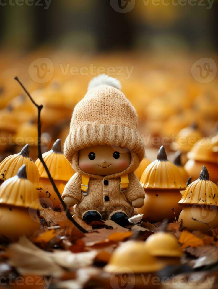 a small figurine is sitting in a pile of leaves generative ai photo