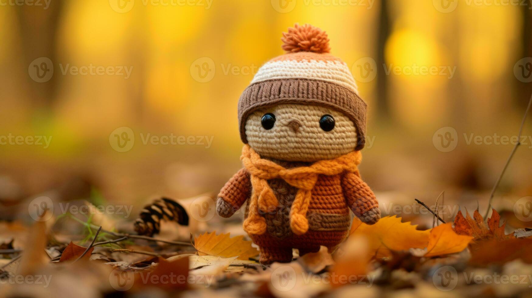 a small knitted doll in an orange and brown sweater standing in the leaves generative ai photo