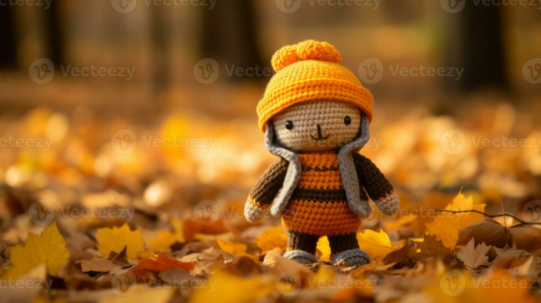 a small knitted doll in an orange and brown outfit standing in the middle of a pile of fallen leaves generative ai photo