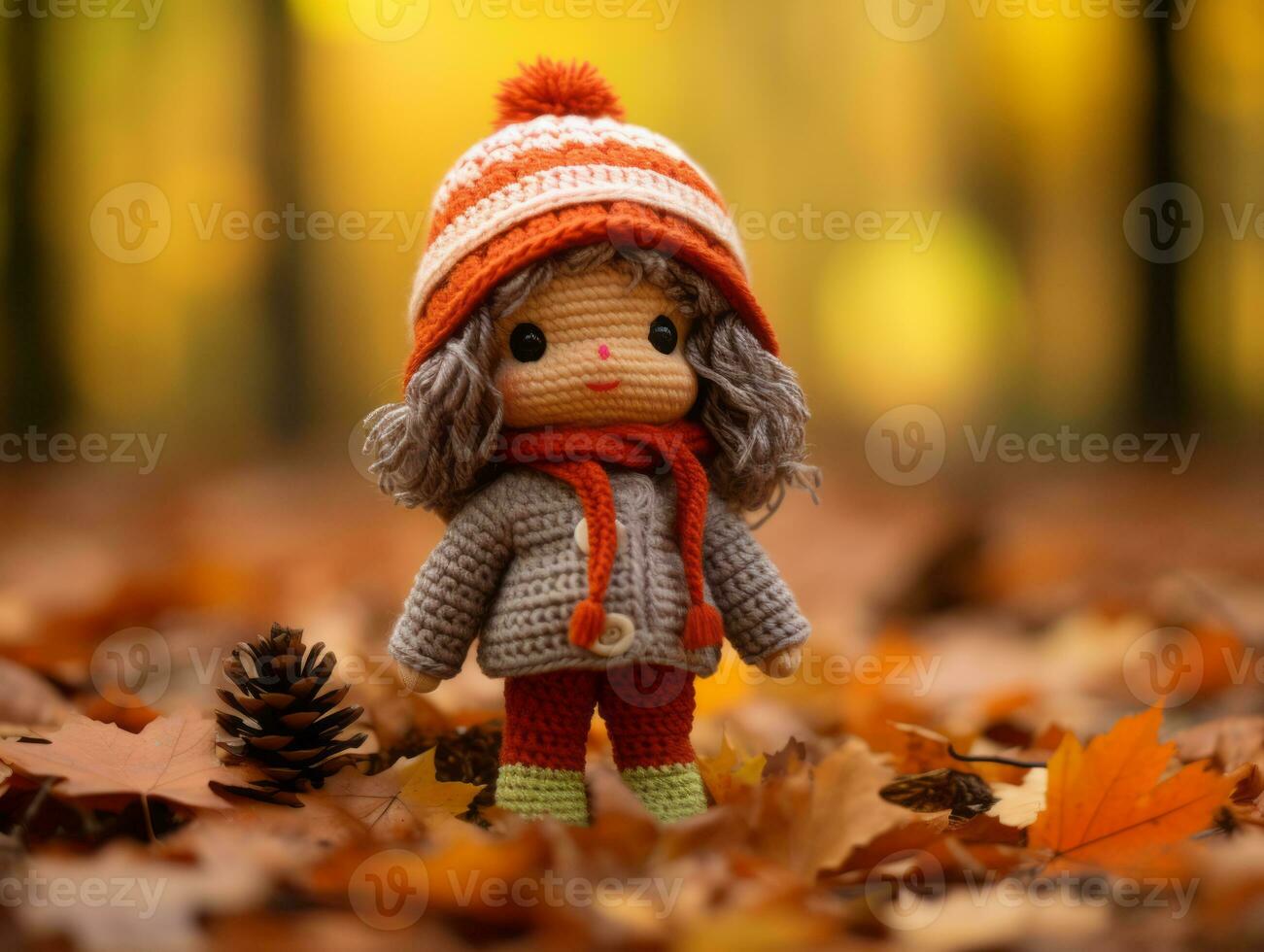 a small knitted doll standing in a pile of autumn leaves generative ai photo