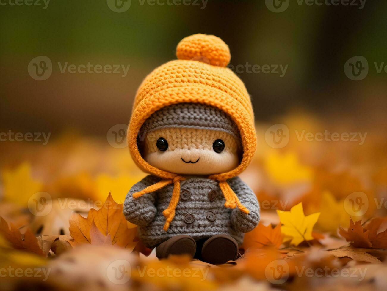 a small knitted doll wearing an orange hat sits on the ground surrounded by fallen leaves generative ai photo