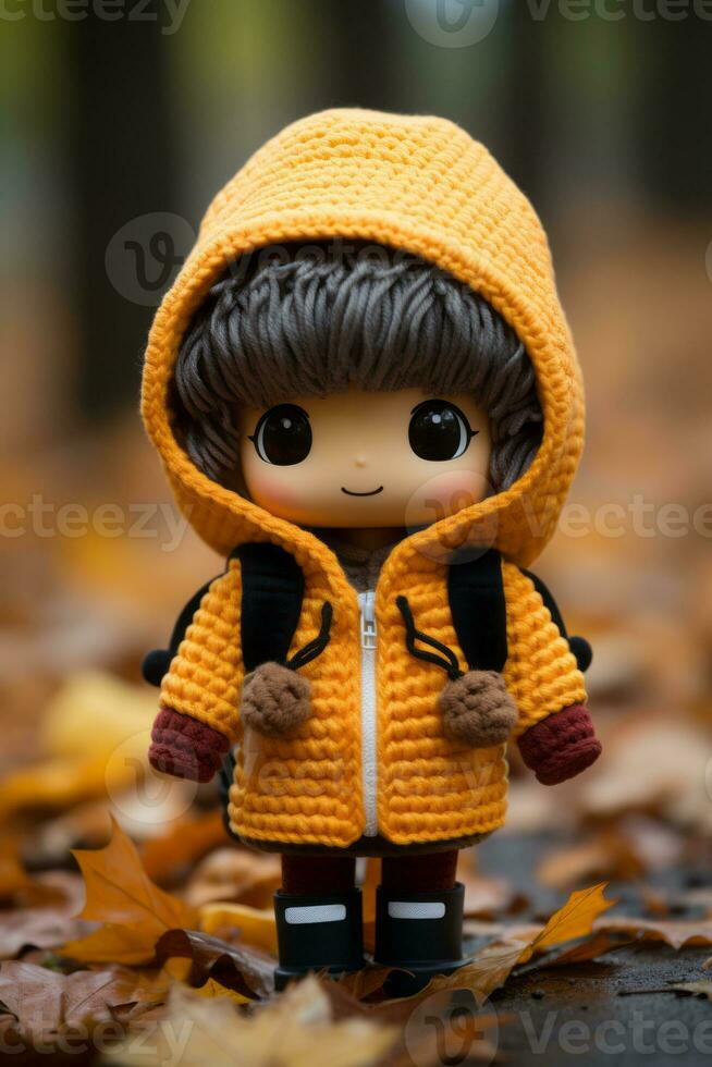 a small knitted doll wearing a yellow jacket generative ai photo
