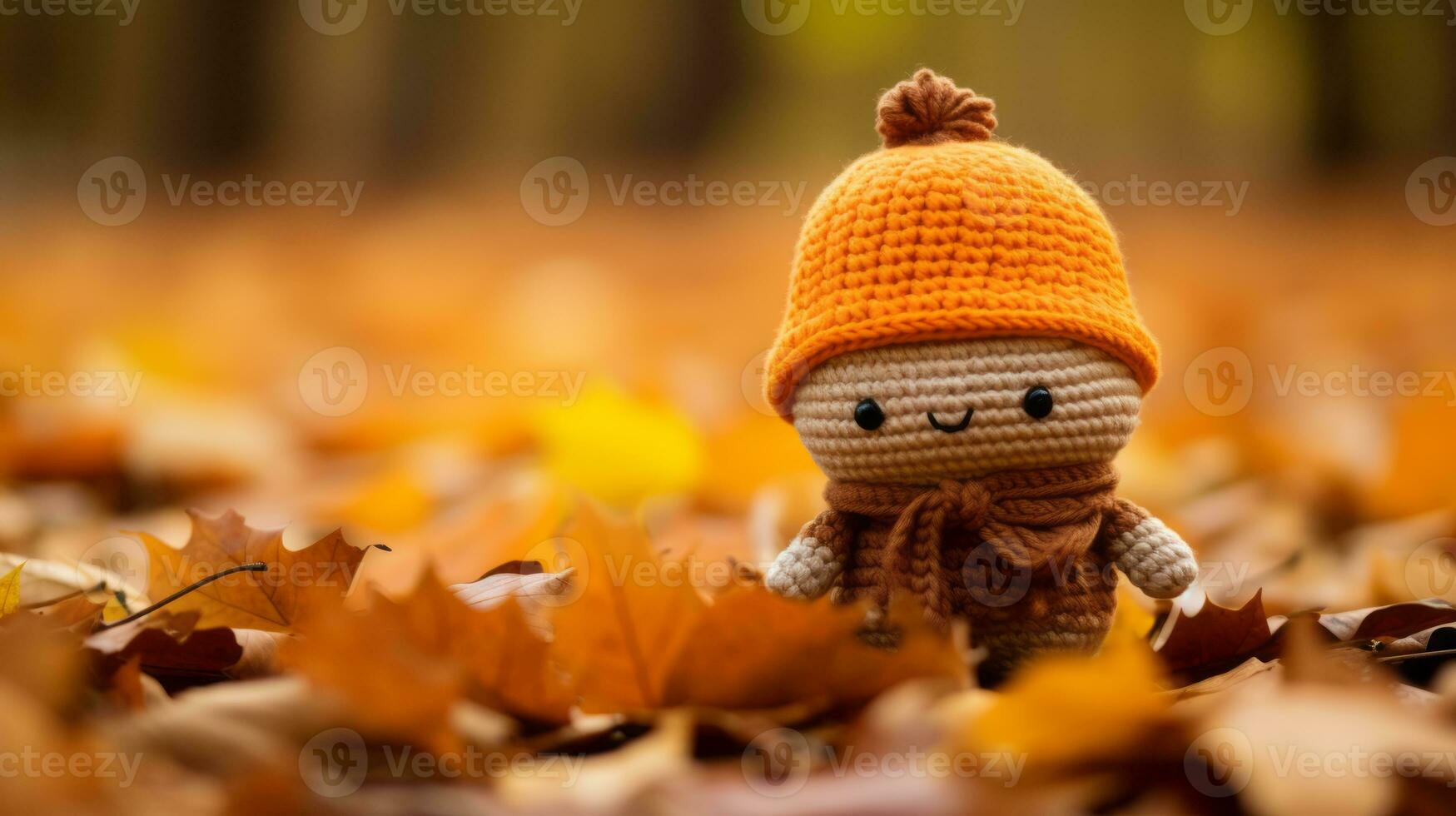 a small knitted doll wearing an orange hat in the middle of a pile of fallen leaves generative ai photo