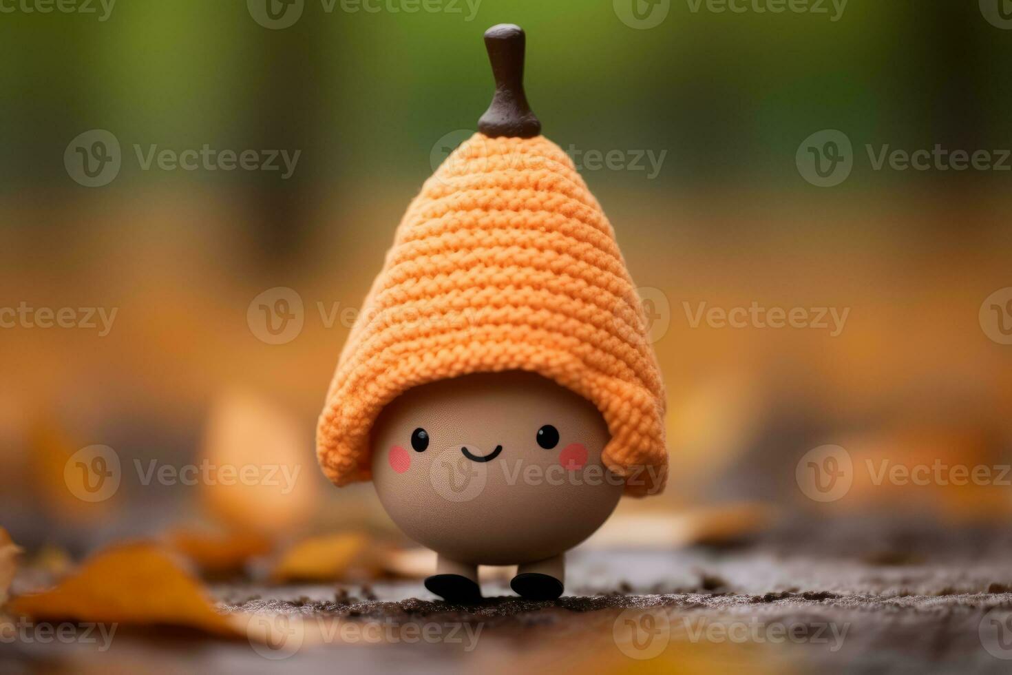 a small knitted pumpkin wearing a hat on the ground generative ai photo