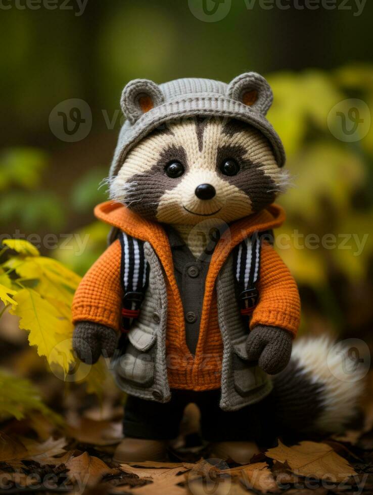 a small raccoon wearing an orange jacket and hat generative ai photo