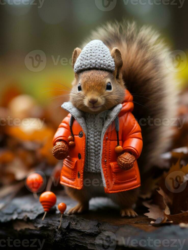 A squirrel wearing a hat and coat is standing on a city street The squirrel  is looking to the right of the frame | Premium AI-generated image