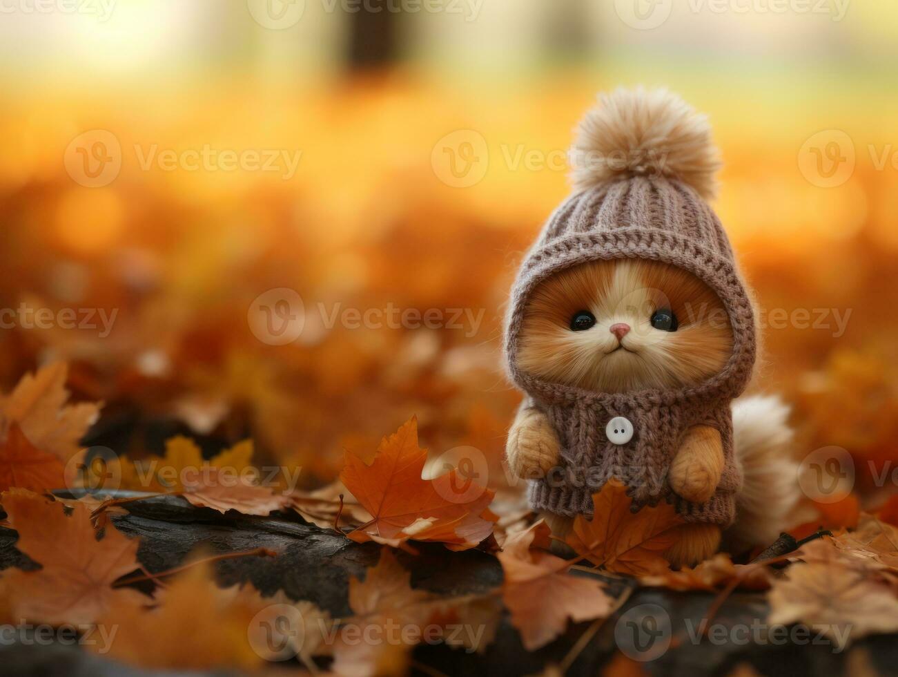 a small stuffed animal wearing a knitted hat in the fall leaves generative ai photo