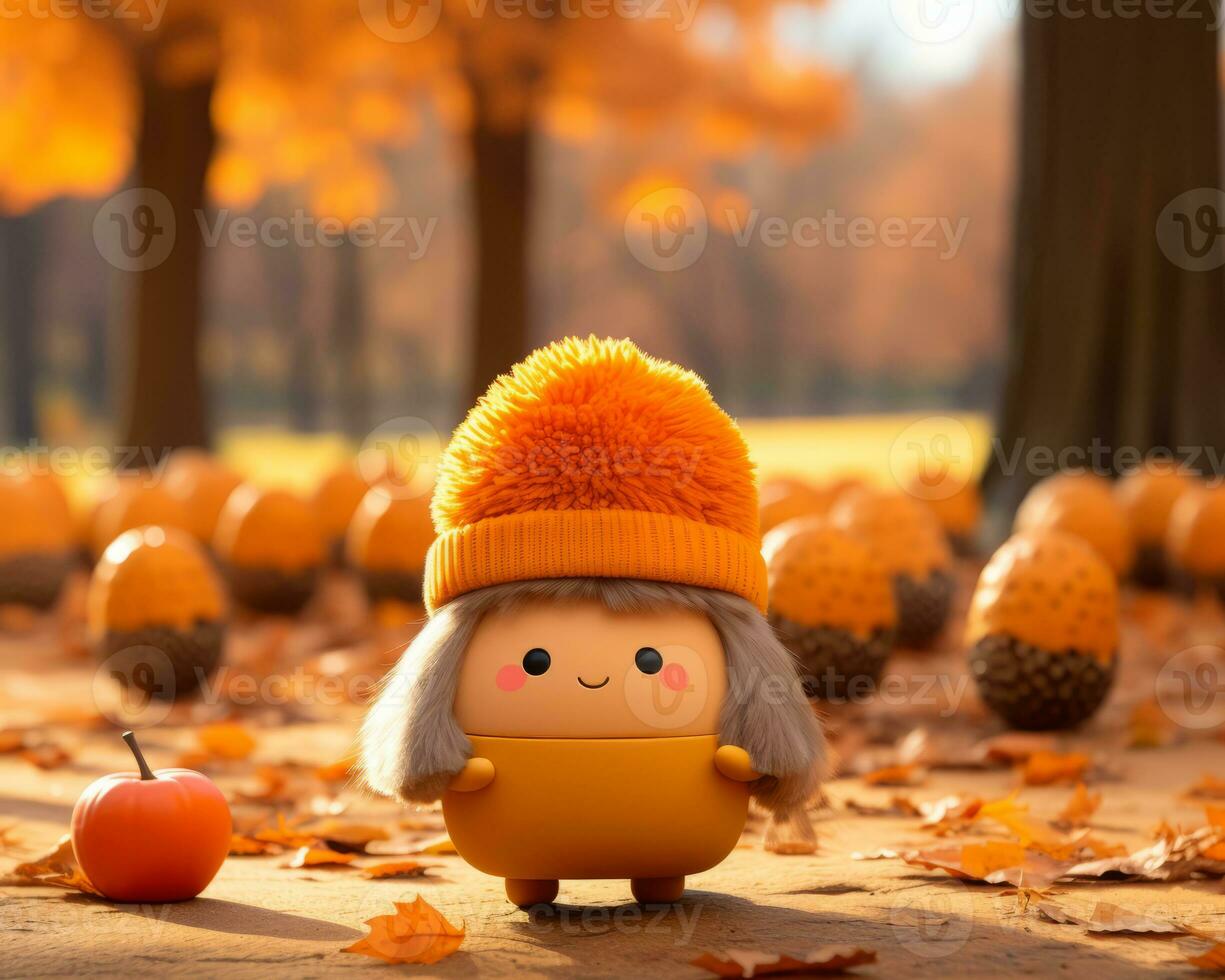 a small toy in an orange hat stands in the middle of an autumn forest generative ai photo