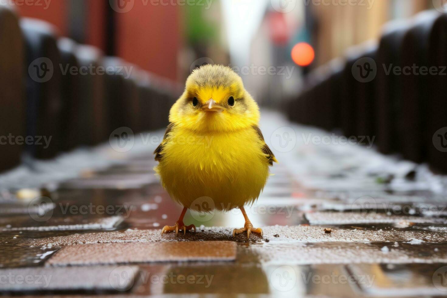 a small yellow bird standing on a brick walkway generative ai photo