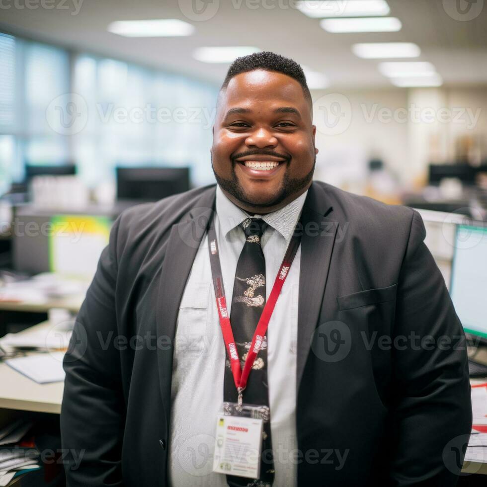 a smiling black man in a suit and tie in an office generative ai photo