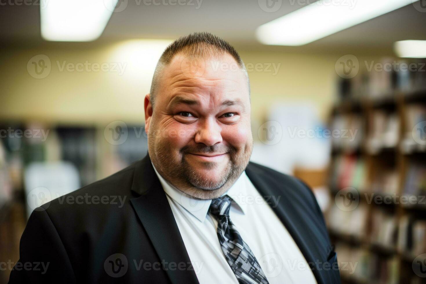 a smiling man in a suit and tie in a library generative ai photo